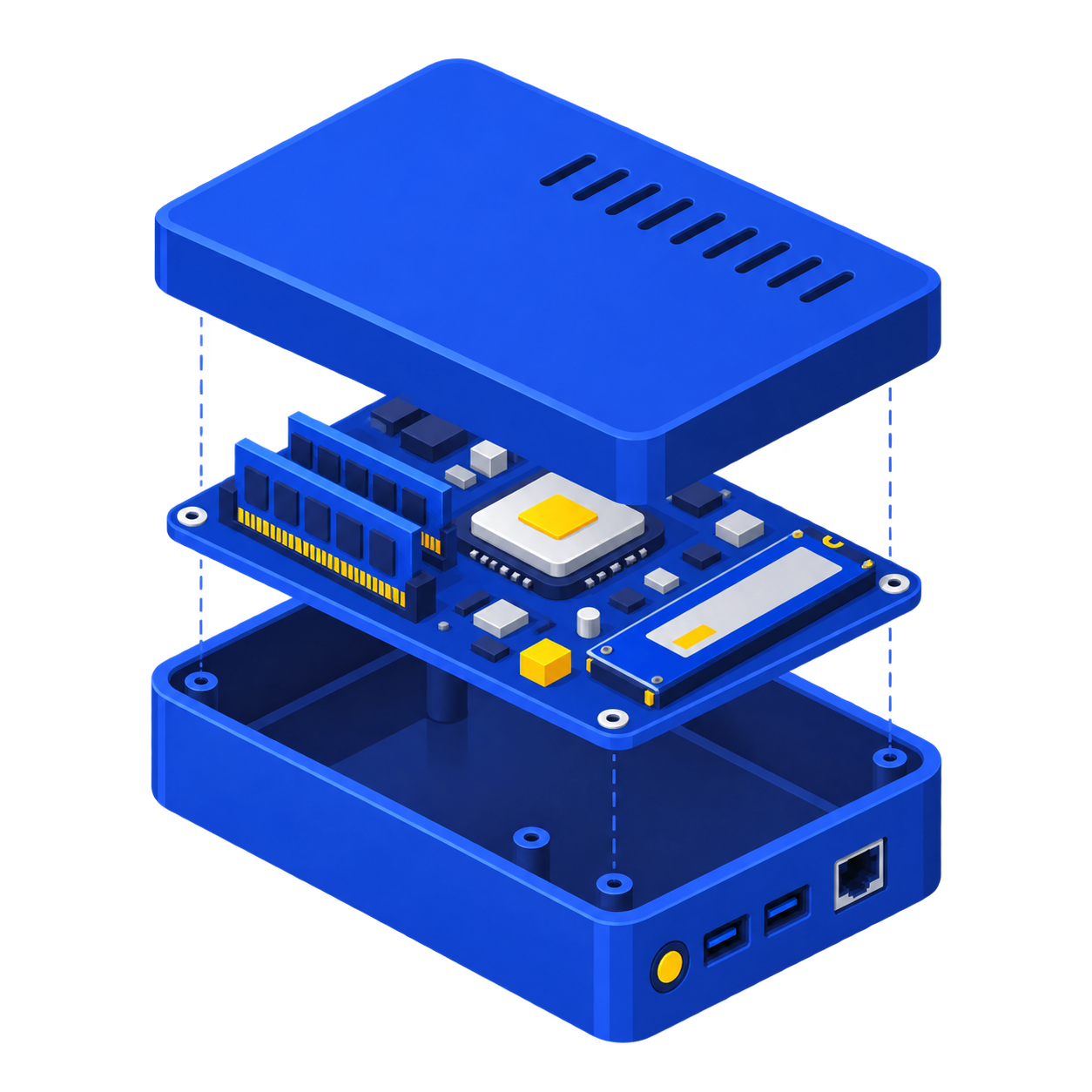 Exploded view of a custom-built mini PC with processor, memory, storage and enclosure