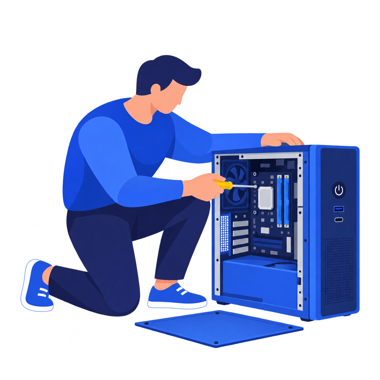Technician repairing the internal components of a desktop computer