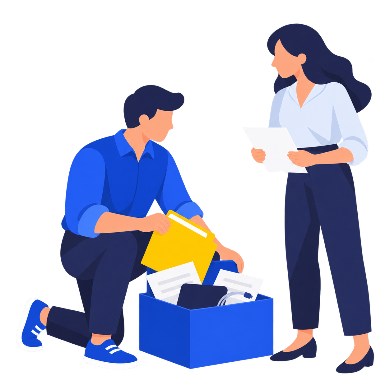 A consultant helping a client sort through documents and technology from a box