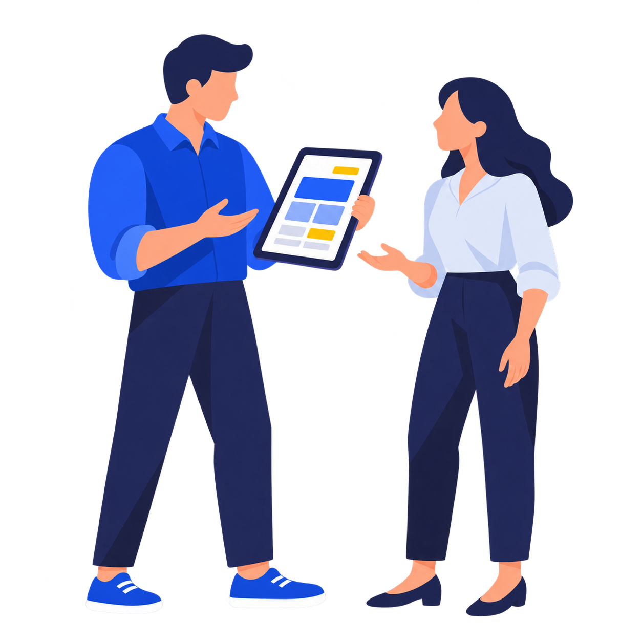 A consultant discussing a project plan with a client on a tablet